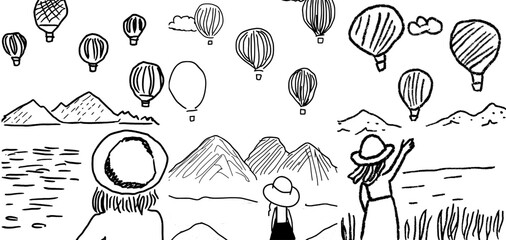 Poster - Hand drawing coloring page for kids and adults featuring wild nature, the sea, mountains, air balloons, and a beautiful girl. Romantic and detailed illustration with patterns and small details.