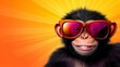 © Raul - A smiling chimpanzee wearing trendy sunglasses against a vibrant orange background.