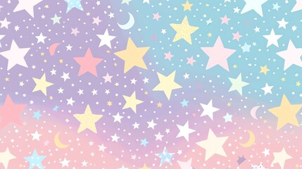 A whimsical and colorful pattern featuring stars and crescent moons on a pastel gradient background.