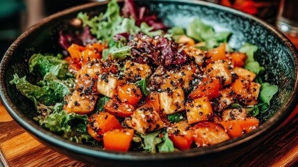 Wall Mural - Healthy and Flavorful Asian Salad, with Tofu, Greens, and Sesame, in a Black Bowl on Wooden Table.