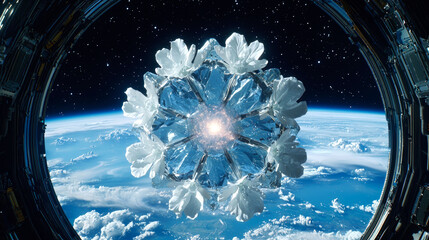 Wall Mural - Cosmic Bloom: A Crystal Flower in Space.  A breathtaking view of Earth from a spacecraft window.