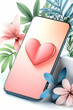 © Lailatul - Pink heart on phone screen, surrounded by tropical leaves; online dating app concept; suitable for websites and marketing