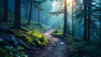 Serene Blue Forest Hiking Trail, Magical Sunlight Through Trees, Inspiring Adventure