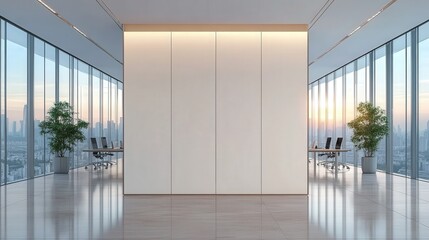 Wall Mural - Modern Office Interior with Large Windows and Sunset View Over City Skyline, Featuring Minimalist Design and Elegant Furniture