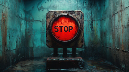 Wall Mural - STOP, A glowing STOP signal submerged in a gritty crack, captured in high fidelity, showcasing urban decay and striking visual contrast.