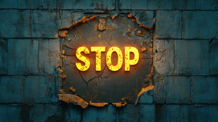 Wall Mural - STOP, A glowing stop symbol etched into cracked stone, perfect for themes of caution, nature, and urban decay in high fidelity imagery.