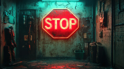 Wall Mural - STOP, A neon stop sign flickering in a dark alley, creating a high-fidelity atmospheric image perfect for urban scenes or nighttime visuals.