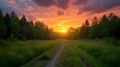 © Barek - Golden Sunset Path Through Lush Green Forest, Vibrant Nature Scene at Dusk