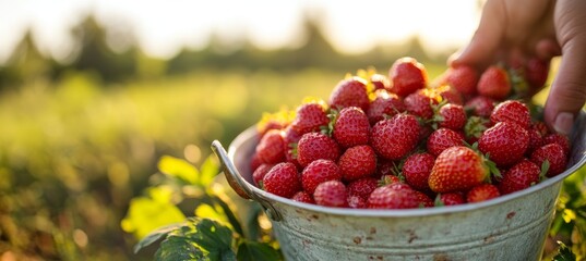 Wall Mural - Sunlit Strawberry Harvest Hand Picks Fresh Berries in Field, Bucket Overflowing with Ripe Fruit