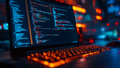 glowing keyboard and a monitor with software code
