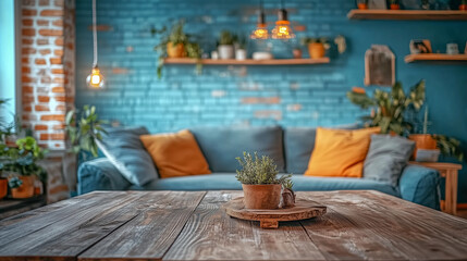 Fototapete - Minimalist wooden table with empty surface against a backdrop of a cozy living room interior, featuring blue walls, soft furnishings, and natural light. Ideal for product placement or advertising desi