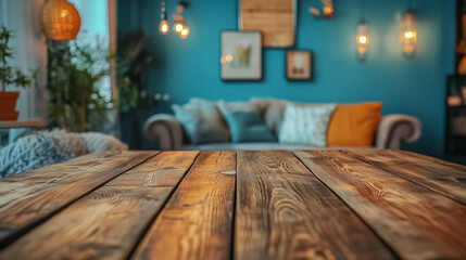 Fototapete - Minimalist wooden table with empty surface against a backdrop of a cozy living room interior, featuring blue walls, soft furnishings, and natural light. Ideal for product placement or advertising desi