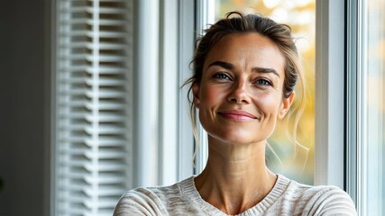 Wall Mural - Smiling woman enjoying natural sunlight by window, radiating warmth and peace indoors.