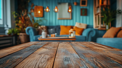 Fototapete - Minimalist wooden table with empty surface against a backdrop of a cozy living room interior, featuring blue walls, soft furnishings, and natural light. Ideal for product placement or advertising desi
