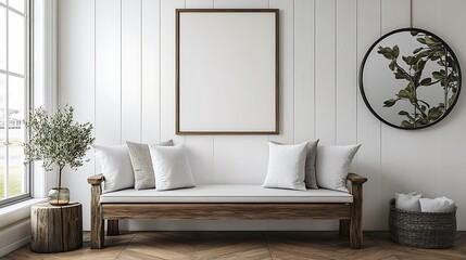 Entryway poster mockup above bench, with white walls, wooden floor, and round mirror accent