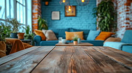 Fototapete - Minimalist wooden table with empty surface against a backdrop of a cozy living room interior, featuring blue walls, soft furnishings, and natural light. Ideal for product placement or advertising desi