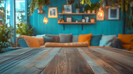 Fototapete - Minimalist wooden table with empty surface against a backdrop of a cozy living room interior, featuring blue walls, soft furnishings, and natural light. Ideal for product placement or advertising desi