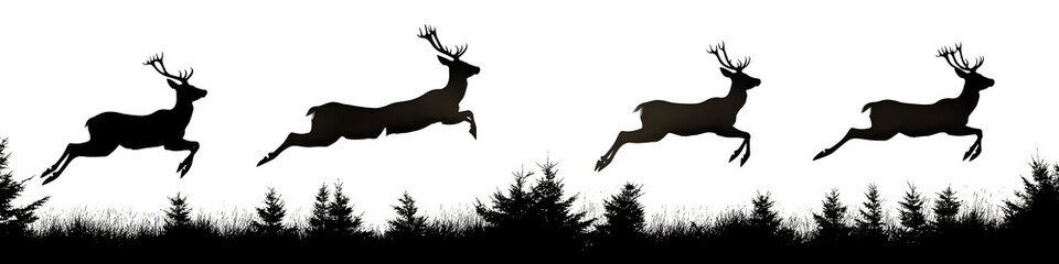 Poster - Collection of minimalist black and white silhouette depicting graceful leaping deer stags in a natural forest landscape setting Dynamic action poses showing the power speed