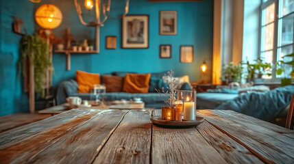 Fototapete - Minimalist wooden table with empty surface against a backdrop of a cozy living room interior, featuring blue walls, soft furnishings, and natural light. Ideal for product placement or advertising desi