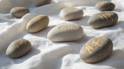 Wall Mural - Smooth stones with golden inscriptions arranged artistically on