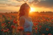 © denklim - Woman standing among vibrant flowers at sunset in a serene landscape reflecting joy and tranquility