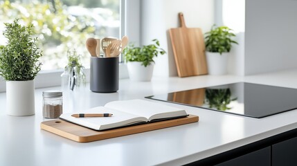 Open notebook and pen resting on cutting board in modern kitchen