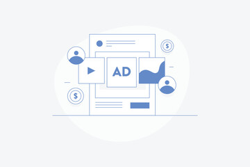 Wall Mural - Social Media Ad Campaign, Running advertising campaign on Social media, Social media advertising driving traffic, sales and conversion. Vector illustration line artwork.