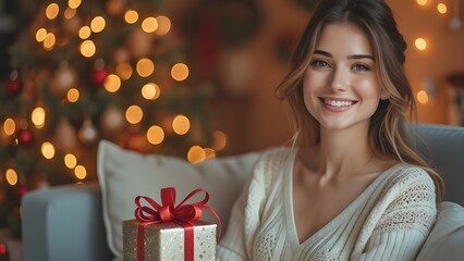 Smiling Woman with Christmas Gift in Cozy Living Room - Festive Holiday Scene with Warm Lighting and Pastel Hues