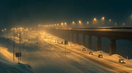 Wall Mural - Heavy car traffic on a snowy evening.