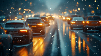 Wall Mural - Heavy car traffic on a snowy evening.