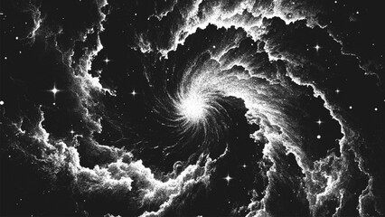Aufkleber - Deep space scene background in stippling style with amazing huge spiral nebula in universe. Great Attractor. Retro styled dotwork. Pointillism. Noisy grainy shading using dots. Vector illustration