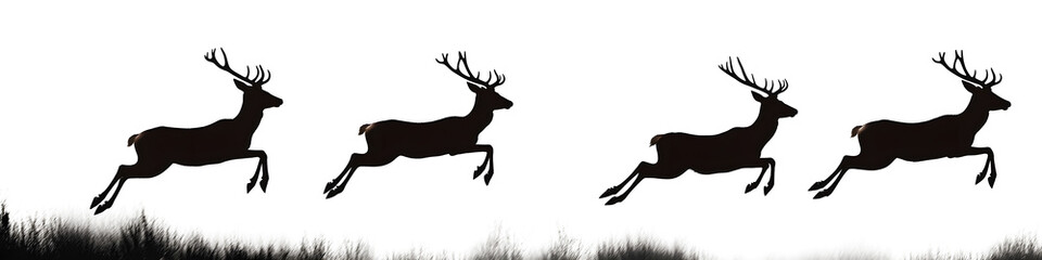 Canvas Print - Collection of minimalist black and white silhouette depicting graceful leaping deer stags in a natural forest landscape setting Dynamic action poses showing the power speed