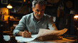 © FishForty - focused man reviews architectural plans at desk in dimly lit office
