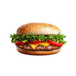 © teera - Delicious burger with sesame seed bun, fresh lettuce, sliced tomato, cheddar cheese, and juicy beef patty. Perfect for appetizing food imagery.