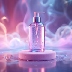 Wall Mural - A bottle of perfume is sitting on a table with a purple background. The bottle is clear and has a silver cap. Scene is elegant and sophisticated