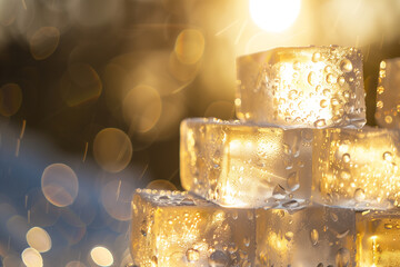 Wall Mural - A stack of ice cubes glistening in the sunlight, with a few droplets of water sliding down their edges.