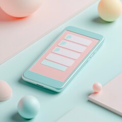 Leinwandbilder - Close up view of smartphone displaying modern messenger chat in pastel colors with soft round shapes nearby. Generative AI