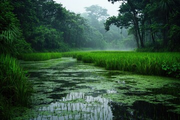 Wall Mural - Lush greenery surrounds tranquil waterway, shrouded in misty atm