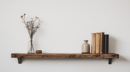 Wall Mural - Rustic wooden shelf with dried flowers, books, and vase against a white wall.