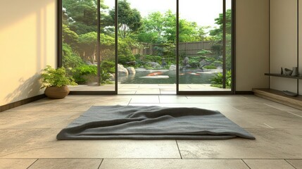 Wall Mural - A minimalist animated living room with a yoga blanket on a smooth stone floor. 