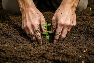 Wall Mural - Hands gently planting young seedling into rich, dark soil, symbo