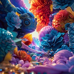 A colorful and abstract depiction of fantastical flowers,Animals with textured petals and vibrant hues.A colorful and abstract depiction of a valley filled with fantastical flowers and flowing shapes.