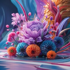 Wall Mural - A colorful and abstract depiction of fantastical flowers,Animals with textured petals and vibrant hues.A colorful and abstract depiction of a valley filled with fantastical flowers and flowing shapes.