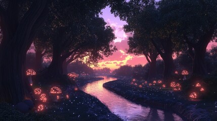 Wall Mural - A mystical animated forest at dusk, with towering oak trees casting long shadows over a winding river reflecting the colors of the twilight sky. Glowing mushrooms .