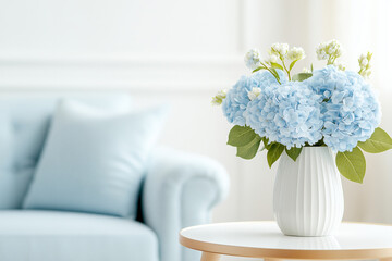 Sticker - beautiful arrangement of blue hydrangeas in white vase sits on table beside light blue sofa, creating serene and inviting atmosphere in room