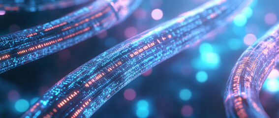 a long digital pipeline shaped by vibrant glowing blue matrix binary code. isolated on black background.
