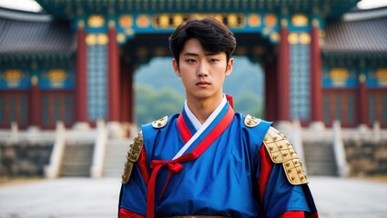 A young man dressed in traditional Korean attire stands confidently in front of a historic palace entrance, showcasing vibrant colors and cultural heritage.