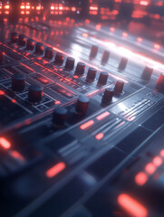 Wall Mural - Close-up view of a modern music mixing console with vibrant lights and controls in a studio setting