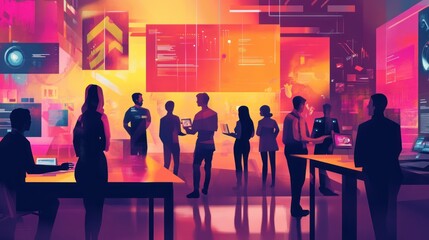 Teamwork in a Futuristic Tech Hub: Collaborative Innovation in a Vibrant Digital Environment