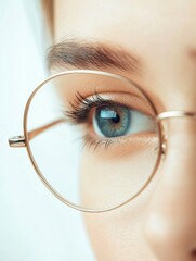 Aufkleber - Close up view of a female eye wearing glasses for vision correction with striking blue color and detailed eyelashes. Generative AI